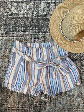Sky & Sparrow Linen Blend Paperbag Waist Striped Shorts XS